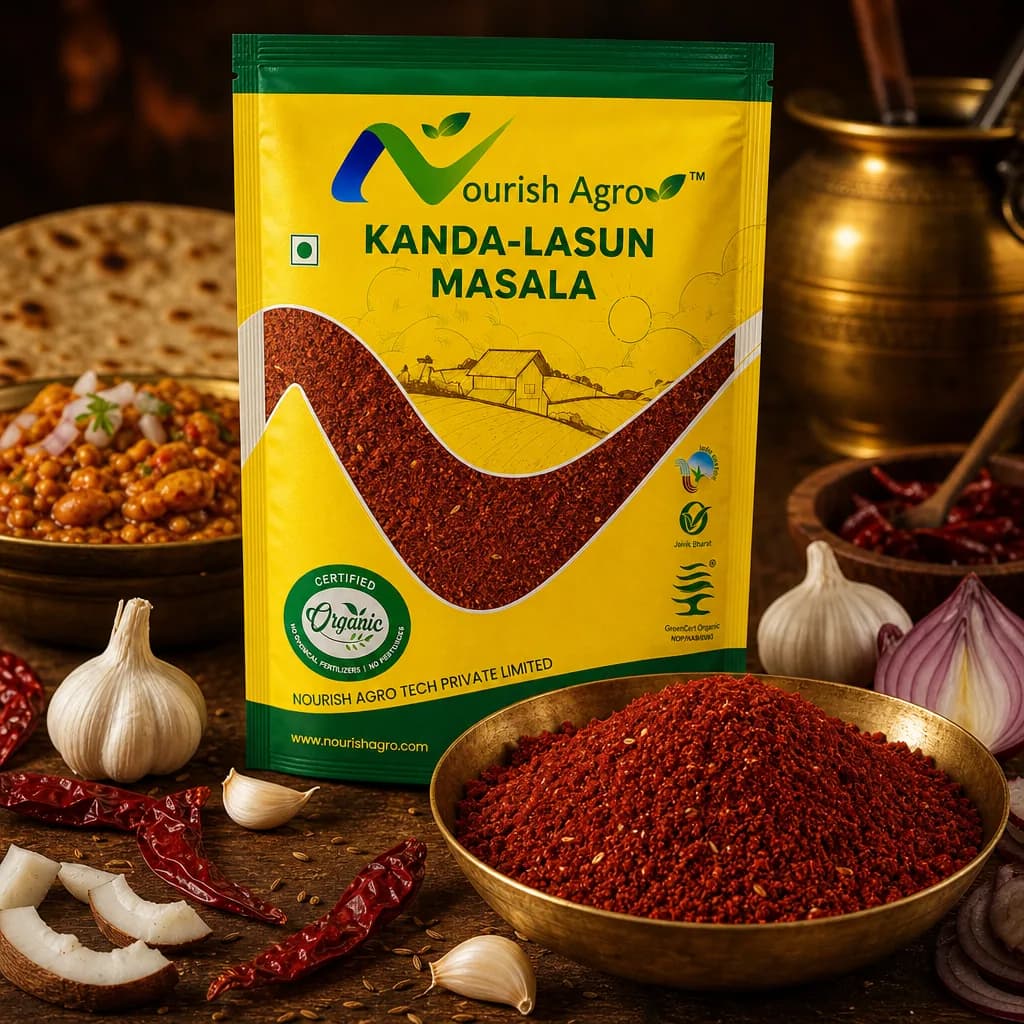 Nourish Agro kanda lasun masala styled with whole spices in a traditional kitchen